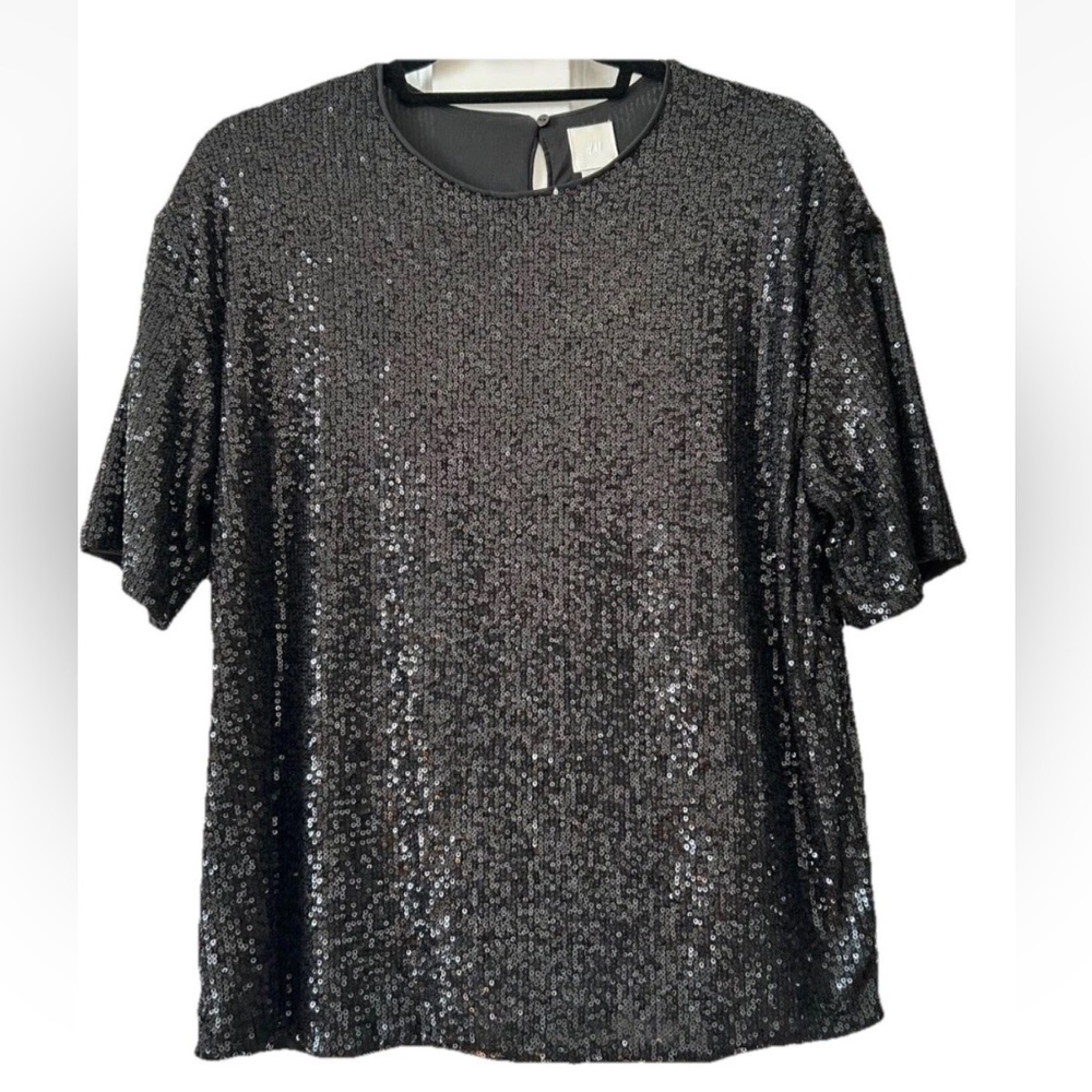 H&M Black Sequin Top Women’s M Lined Party Evening Cocktail Blouse